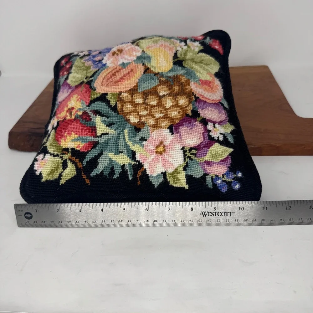 Vintage Fruit Floral Needlepoint Throw Pillow Black Wool Accent 10.5in Square